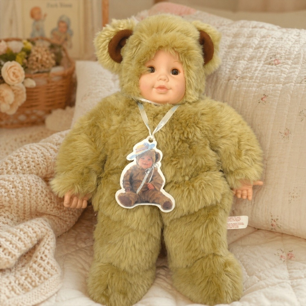 Vintage 1997 Anne Geddes Baby Bear Plush Doll Tan Faux Fur 15 Inch Unimax Toy
